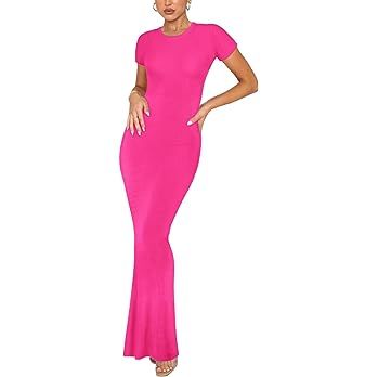 REORIA Women's Summer Casual Lounge Long Dress Elegant Short Sleeve Crew Neck Bodycon Maxi Dresse... | Amazon (US)