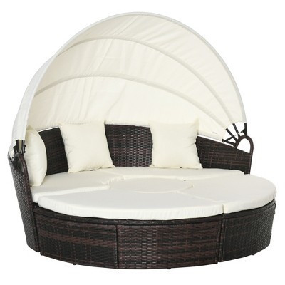 Outsunny Round Daybed, 4-piece Cushioned Outdoor Rattan Wicker Sunbed or Conversational Sofa Set with Sun Canopy, Beige | Target