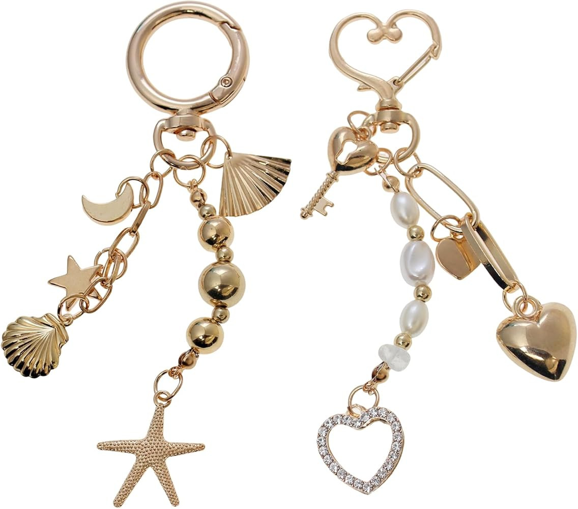 Gold Keychain for Women,Cute Keyrings for Keys,Beaded Pearl Charms for Purse Handbag Backpack,Hea... | Amazon (US)
