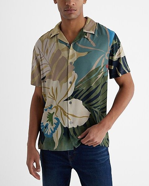 Painted Floral Rayon Short Sleeve Shirt | Express