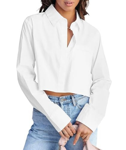INFITTY Women Cropped Button Down Shirts Casual Cotton Long Sleeve Cropped Tops Solid Dressy Loose Collar Crop Blouse Creamy White L | Amazon (US)