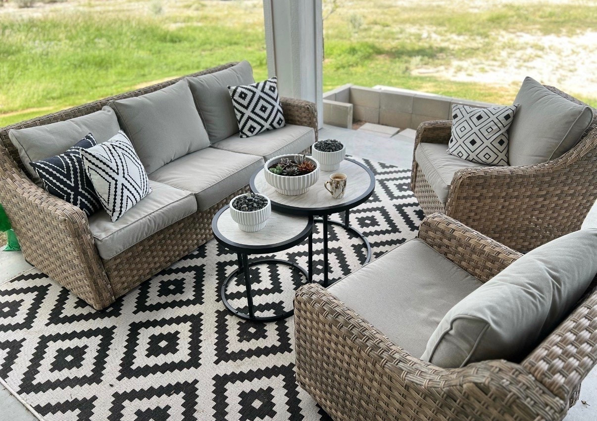 Modern Outdoor Patio Set 

#betterhomesandgarden #riveroaks #patioset #planter #vase #blackandwhiterug #outdoorrug #patiorug #patiotable #patiosof #poolside #deck #porch #outdoorliving #summer 

#LTKfamily #LTKhome 

#LTKSeasonal #LTKdayinmylife #LTKHome