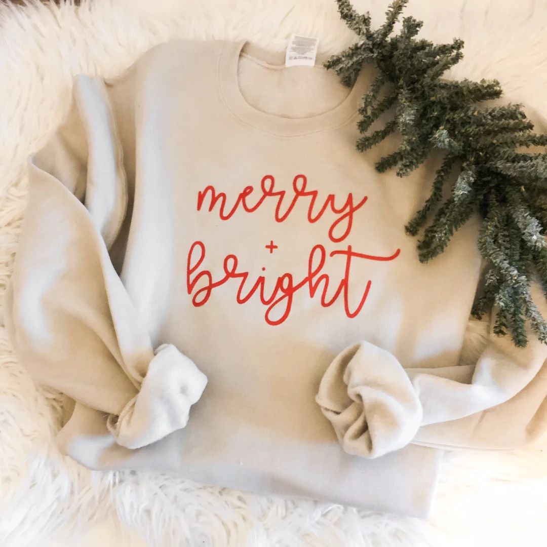 Merry and Bright Sweatshirt - Holiday Sweatshirt - Christmas Crew - Christmas Mom Sweatshirt- Tan... | Etsy (US)