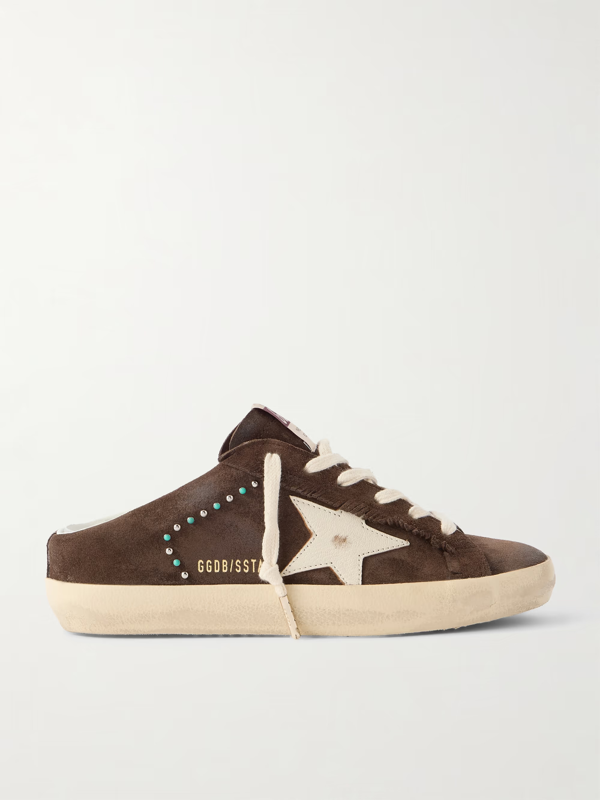 Super-Star Sabot distressed leather-trimmed studded suede slip-on sneakers | NET-A-PORTER (US)