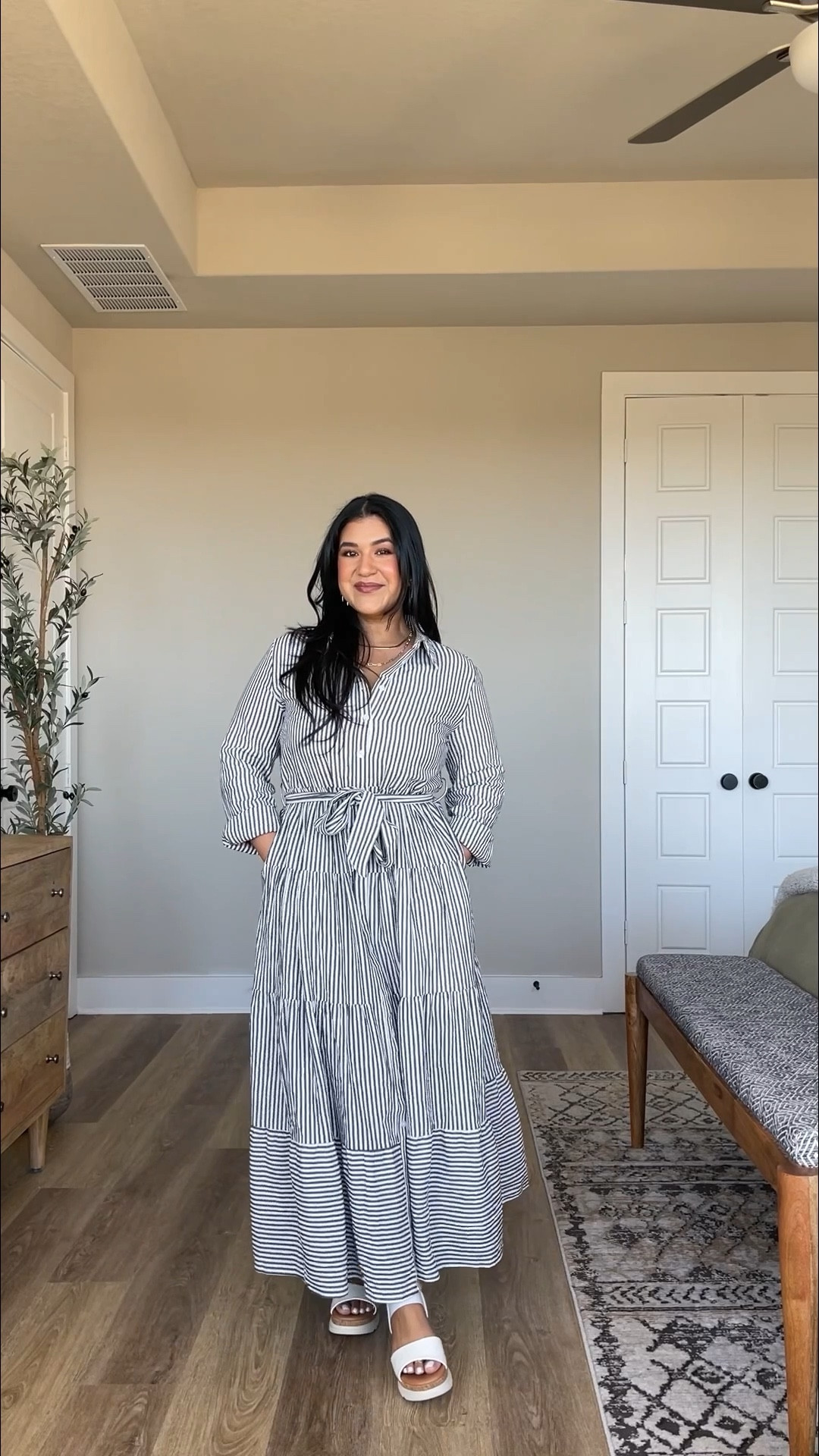 I’m 5’1”, size 12 wearing a large in this dress. It’s true to size! The length is perfect for any height and it comes in tons of colors. I’m wearing the black/white stripe, but it’s more of a grey/white. Sandals are also Amazon and so comfy! They are true to size as well.⁣