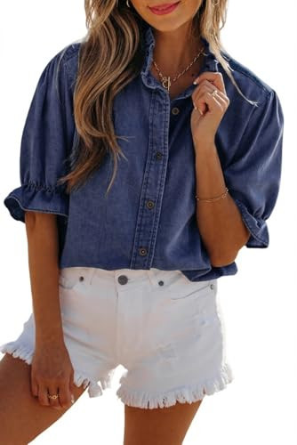 SELINK Women's Tunic Tops Elegant Navy Blue Ruffle Short Puff Sleeve Summer Chambray Shirt Short Sleeve Round Neck Solid Daily T Shirts M | Amazon (US)