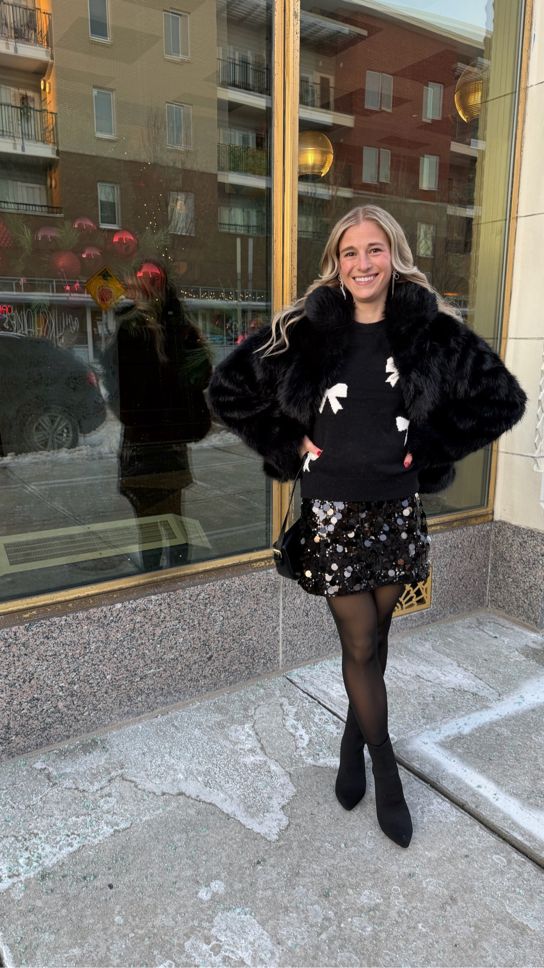 ✨ Sequins, bows, and a chic faux coat are always a yes for party season. This black sequin skort paired with a statement bow sweater is such a classic yet festive combo, and the black faux fur coat instantly elevates the whole look. Perfect for a holiday party, Christmas event, or New Year’s Eve night out 🖤✨ XS everything TTS. Booties 7. Size up 1/2 

Holiday outfit. Holiday party outfit. Christmas party outfit. New Year’s Eve outfit. NYE outfit. Sequin skirt outfit. Sequin skort. Bow sweater. Black bow sweater. Faux fur coat. Black faux fur coat. Glam holiday outfit. Festive outfit. Dressy winter outfit. Party outfit inspiration  

#LTKFindsUnder50 #LTKHoliday
