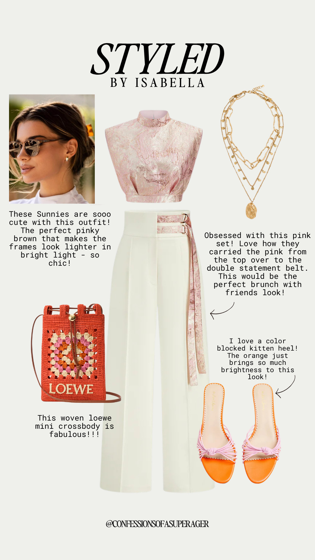 Elevate your weekend style with the stunning, high-fashion look! I am completely obsessed with this chic pink jacquard matching set, featuring a structured high-neck crop top and elegant cream wide-leg trousers adorned with a double statement belt. I paired it with trending color-blocked orange and pink kitten heel sandals and a fabulous woven Loewe mini crossbody bag that brings the perfect touch of casual luxury. Complete with a layered gold pendant coin necklace and pinky-brown tortoiseshell sunglasses, this outfit beautifully balances modern trends with timeless, ageless style.

#LTKootd #LTKOver40 #LTKSaleAlert