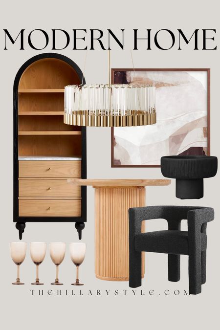 Modern Home: home decor and furniture finds for the modern organic  dining room. Pedestal dining table, black and oak curio cabinet, black dining chair, gold and crystal chandelier, framed abstract art, black pedestal bowl, smoky wine glass set. Target, Anthropologie, Homary, CB2, Minted, McGee & Co

#LTKSeasonal #LTKhome