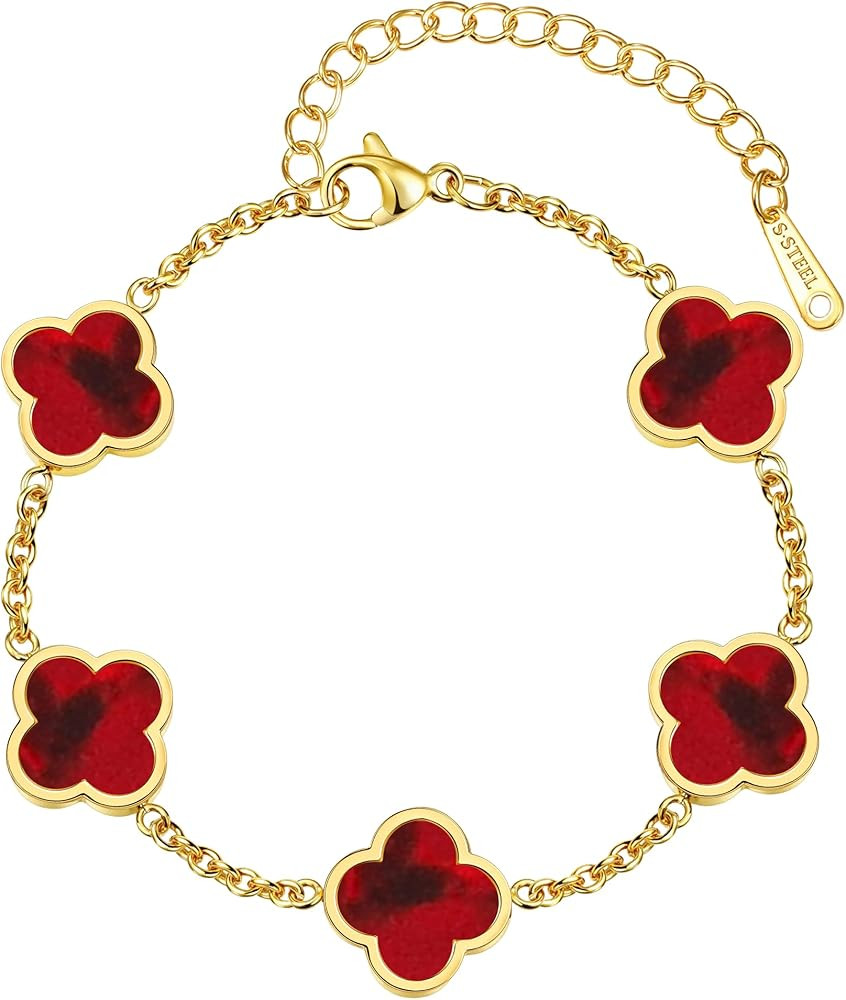 Four Leaf Clover Bracelet for Women 18K Gold Plated Stainless Steel 4 Leaf Link Chain Adjustable ... | Amazon (US)
