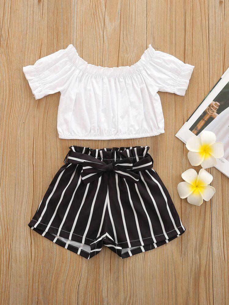 Baby Girl Bardot Blouse & Striped Belted Shorts | SHEIN