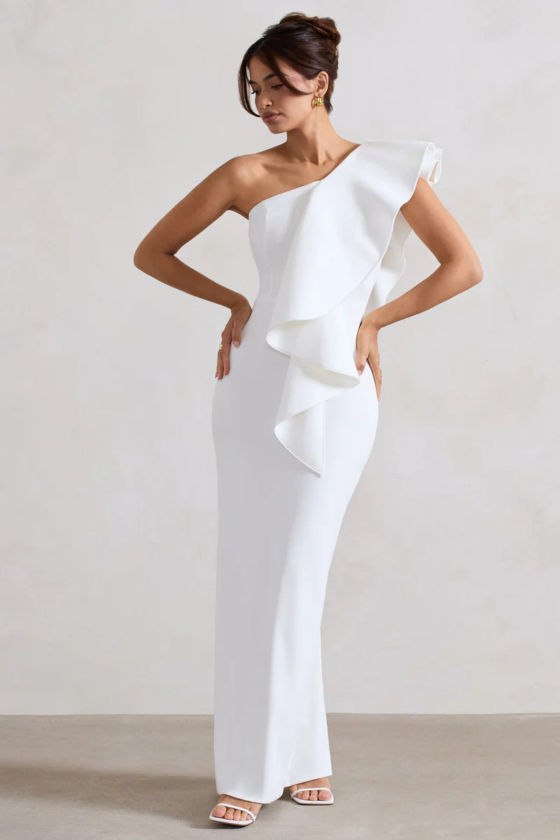 Timeless Love  White Asymmetric Draped Ruffle Maxi Dress | Club L London