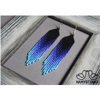 Blue Beaded Earrings Seed Bead Long Dangle Chandelier Earring Boho Beadwork Fringe | Etsy (US)