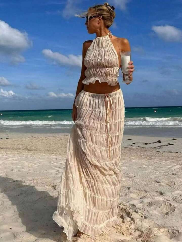 Women's Solid Color Sexy Backless Halter Neck Pleated Lace Trim Transparent Dress & Tank Top Set,Semi-Sheer | SHEIN