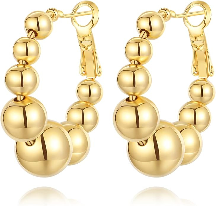 18K Gold Plated Beaded Hoop Earrings for Women, Thick Silver Ball Earrings, Women's Chunky Hoop E... | Amazon (US)