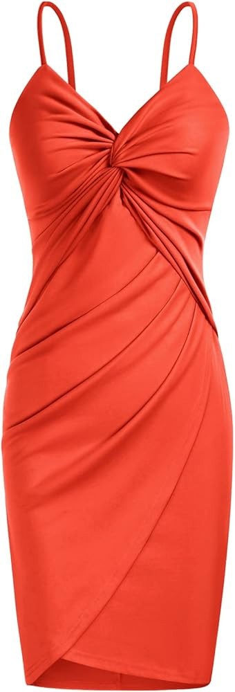 LIUMILAC Women Sexy Spaghetti Strap Dress Twist Front Wrap Pleated Bodycon Dress | Amazon (US)