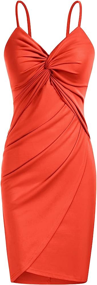LIUMILAC Women Sexy Spaghetti Strap Dress Twist Front Wrap Pleated Bodycon Dress | Amazon (US)