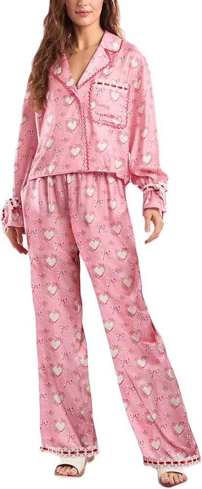 Yiulangde Womens Satin Silk Bow Tie Pajamas Cute Holiday Pjs Set Y2k Ribbon Sleeve Pajama Shirt R... | Amazon (US)
