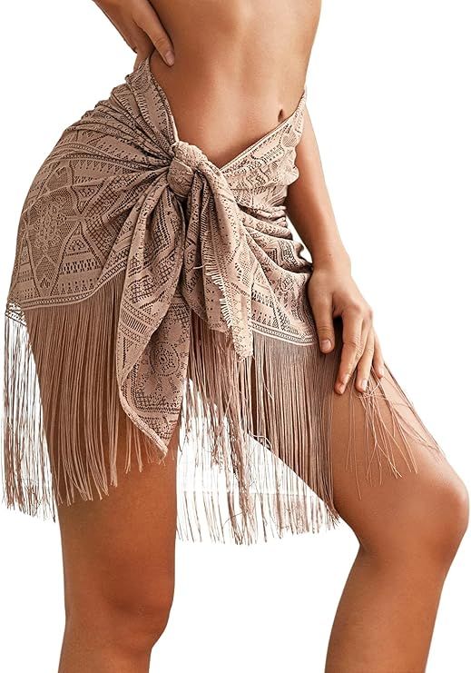 OYOANGLE Women's Crochet Fringe Hem Knot Side Swimsuit Cover Up Sheer Beach Skirt | Amazon (US)