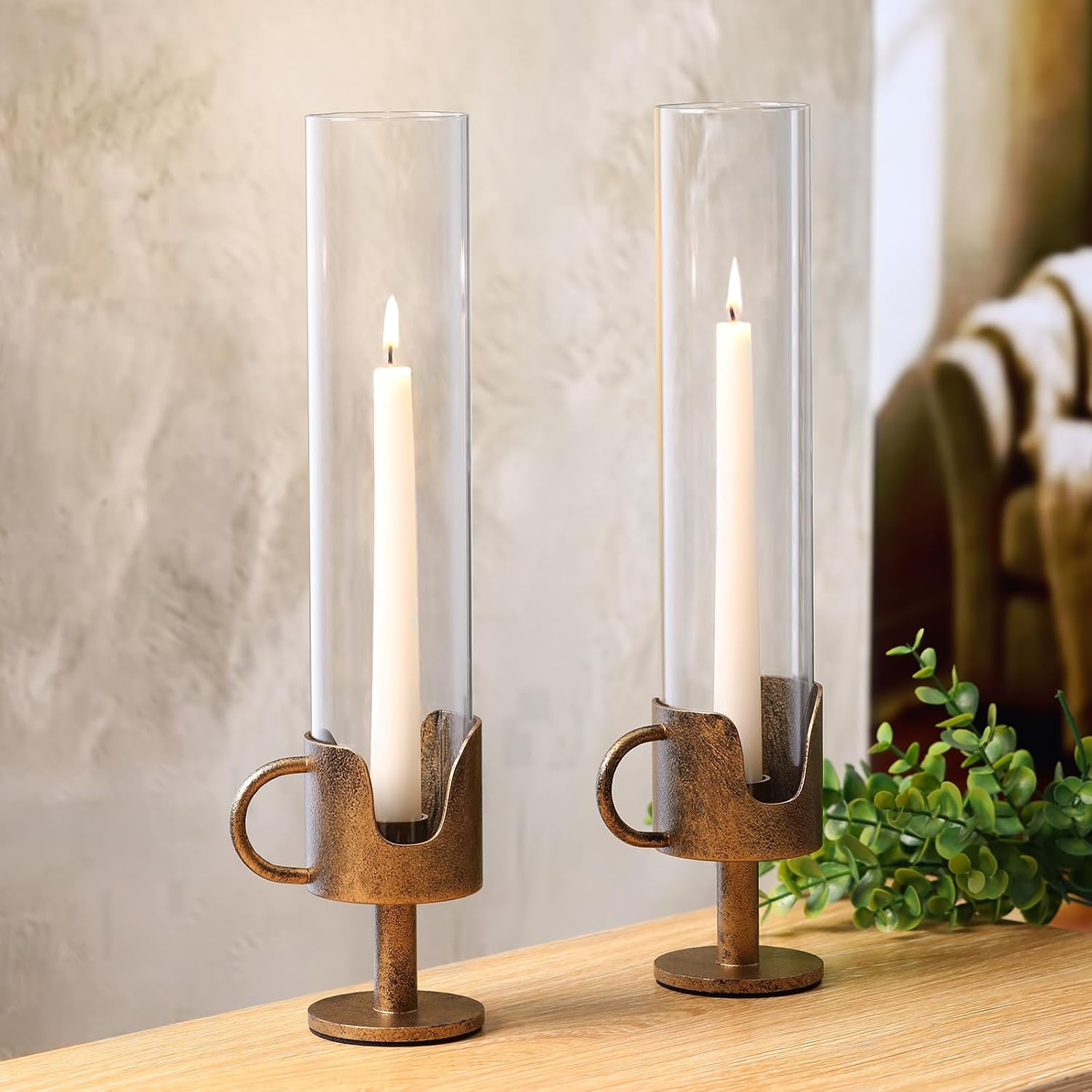 Vintage Cast Iron Hurricane Glass Candle Holder for Taper Candles Set of 2 | Amazon (US)