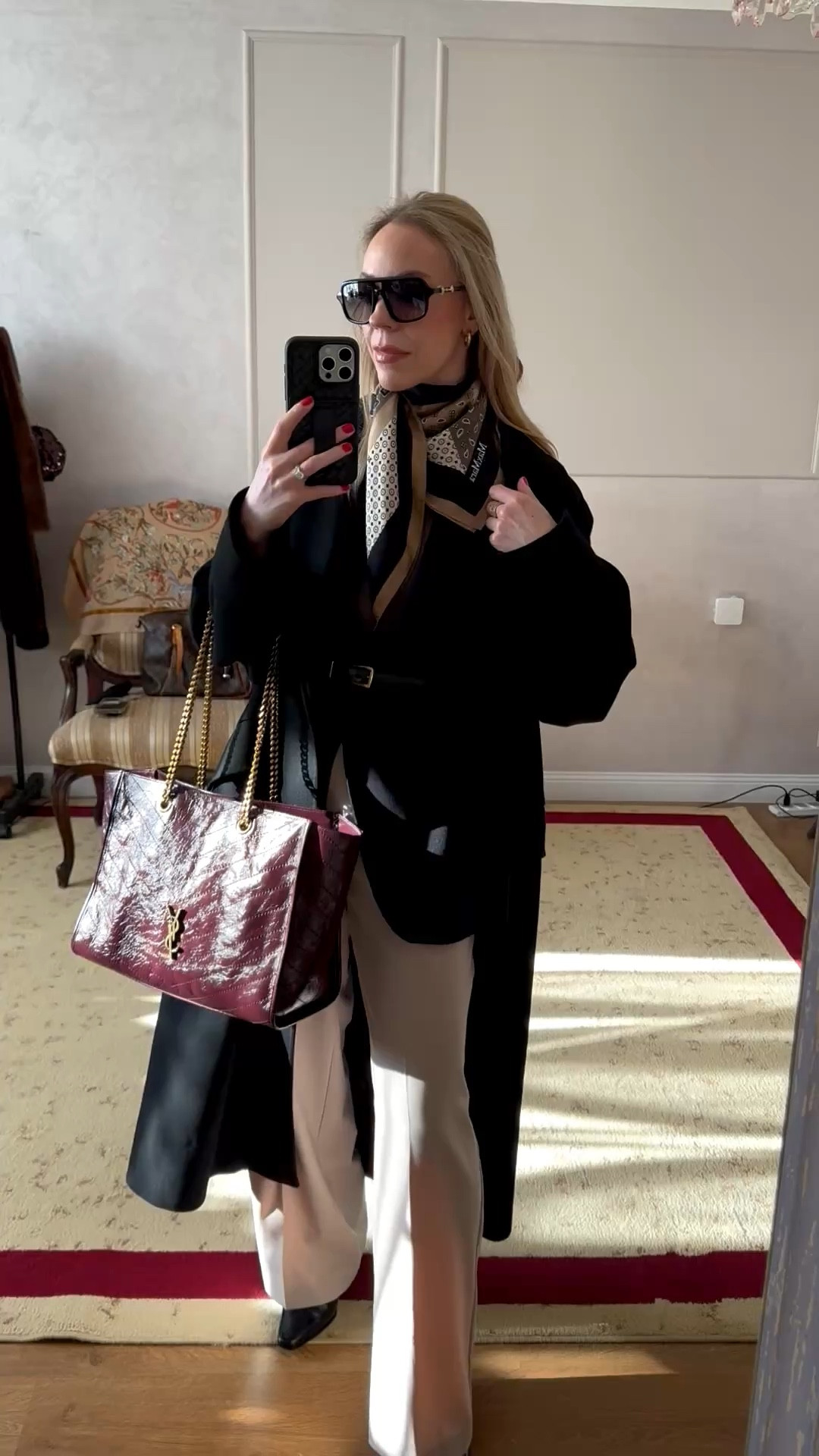 Workwear look, business casual, spring workwear, silk scarf, Gucci aviator sunglasses, oversized black blazer, burgundy YSL tote bag 

#LTKOver40 #LTKootd #LTKWorkwear