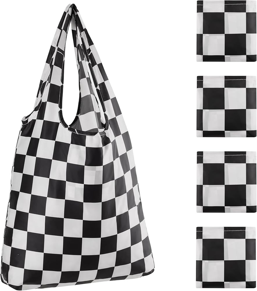 Ralxion Checkered Reusable Grocery Shopping Bags 4 Packs, Cute Checkerboard Foldable Kitchen Larg... | Amazon (US)