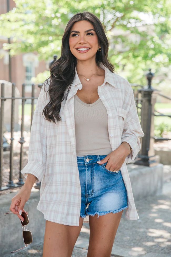 Made Me Realize Ivory And Tan Plaid Oversized Button Front Shirt | Pink Lily