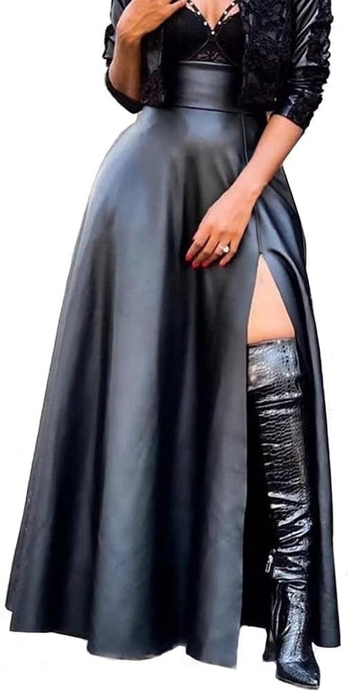 Lexiart Womens High Waisted Sexy Pu Leather Vintage High Split A-Line Swing Long Skirt with Pocke... | Amazon (US)