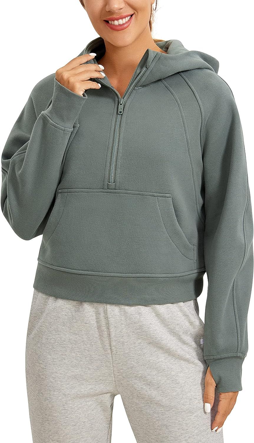 CRZ YOGA Fleece Lined Hoodies for Women Half-Zip Pullover Cropped Sweatshirt with Thumb Hole | Amazon (US)