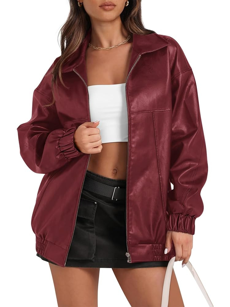 Yousify Womens Leather Jacket Oversized Faux Casual Zip Up Bomber Motorcycle Jackect Trendy Fall ... | Amazon (US)