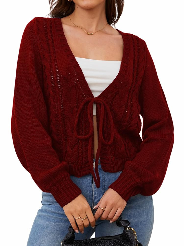SOLY HUX Cardigan Sweaters for Women Cropped Tie Front Bow Lightweight Cardigan Long Sleeve Trend... | Amazon (US)