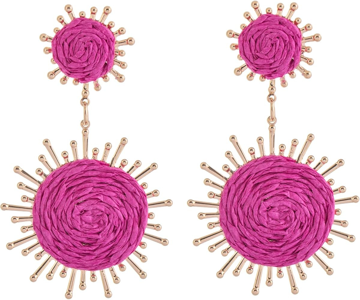 Handmade Raffia Dangle Earring - Boho Statement Sunburst Earrings for Summer Beach Vacation | Amazon (US)