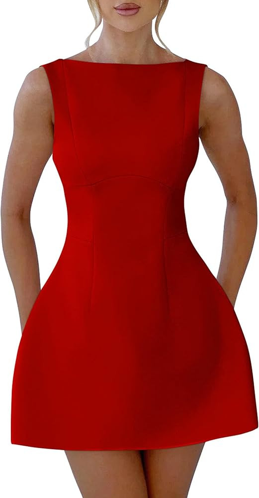 YMDUCH Women's Sexy Sleeveless Crew Neck Backless A-line Party Short Mini Dress | Amazon (US)