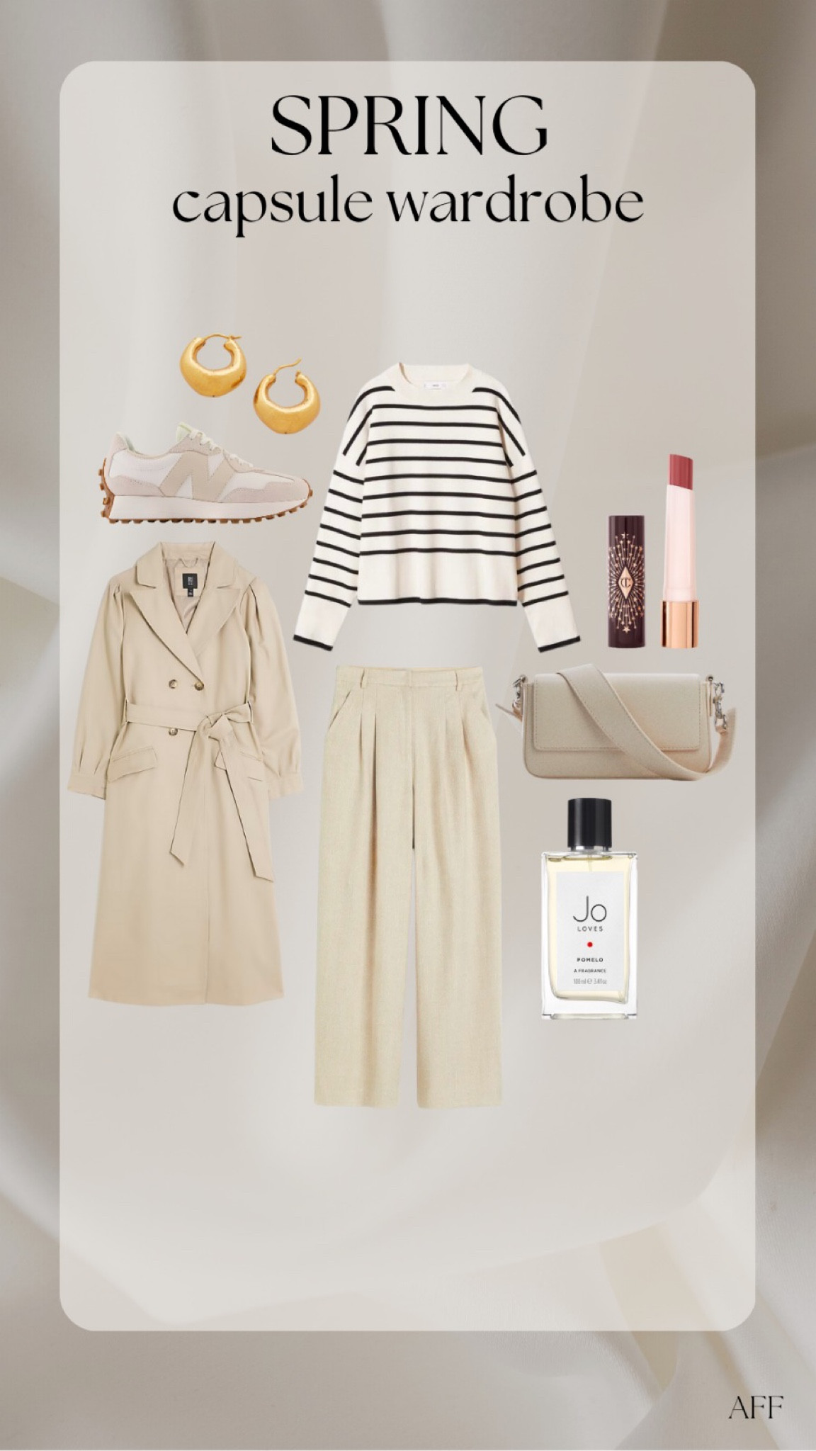 Spring capsule wardrobe outfit ideas - striped jumper, H&M beige wide leg tailored trousers, river island long trench coat, new balance 327 beige trainers,
MV gold hoops, beige crossbody bag, Jo loves Pomelo perfume, Charlotte tilbury lipstick balm  

#LTKstyletip #LTKeurope #LTKSeasonal
