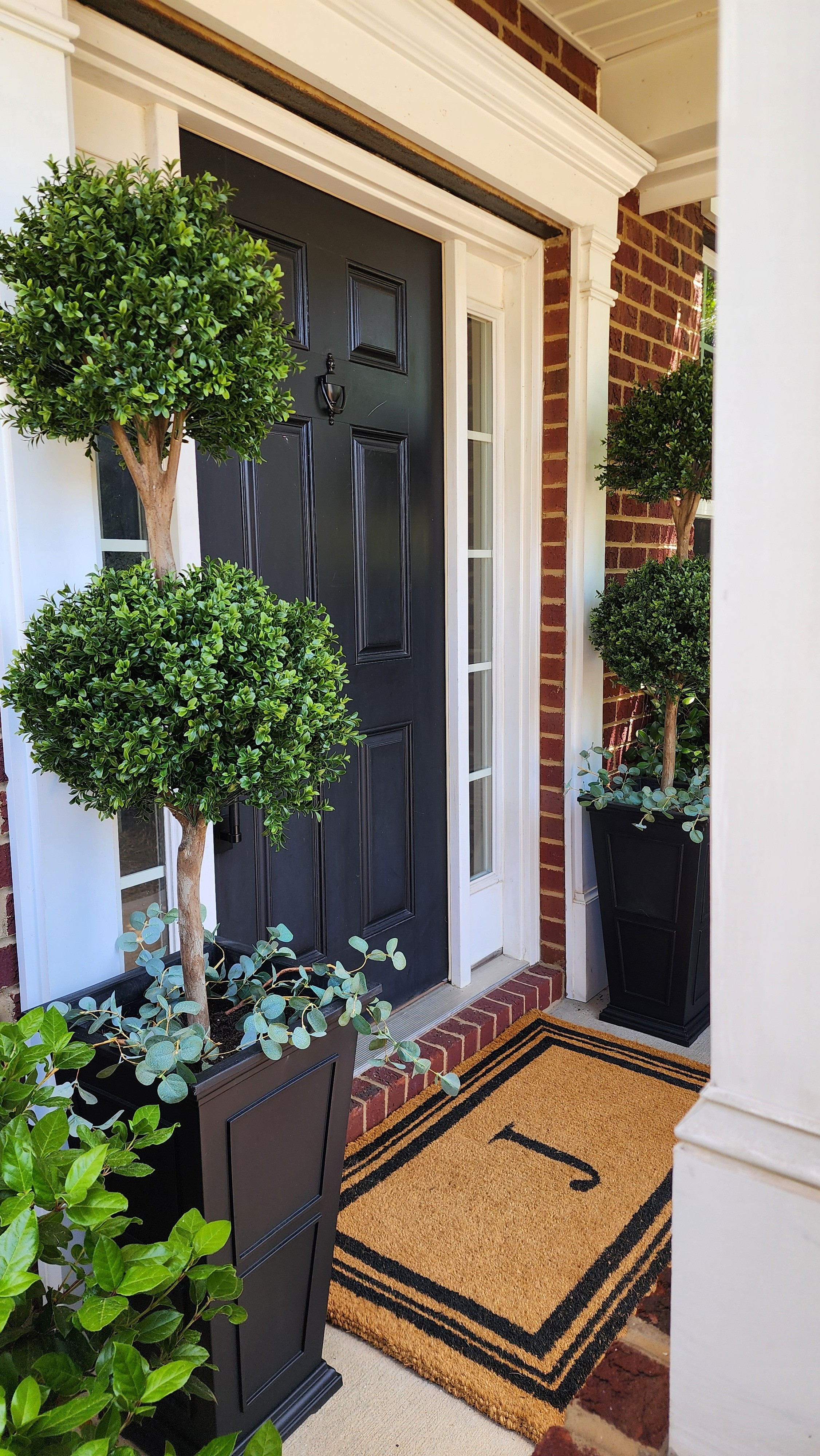 Classic simple entryway.  Large planters, large topiaries and a large mat 

#LTKHome #LTKSeasonal