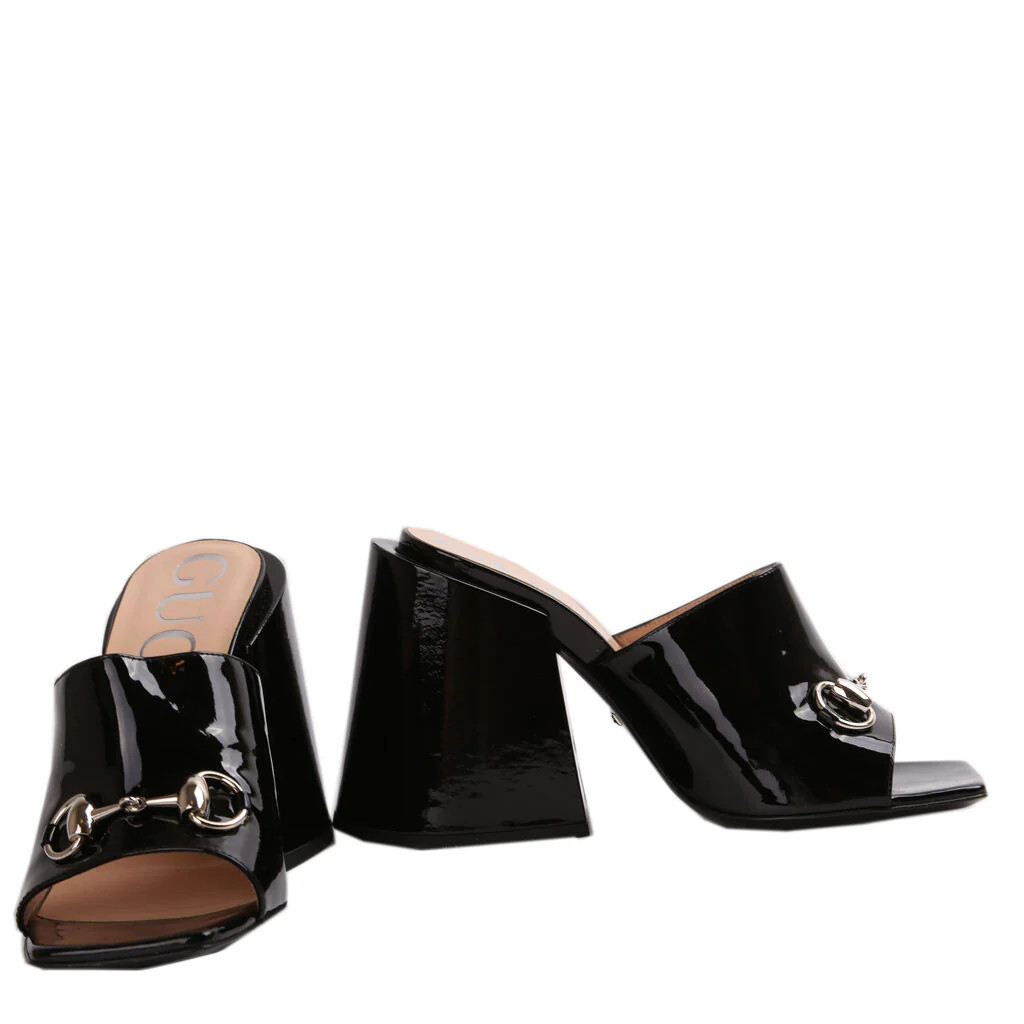 Patent Leather Horsebit Lexi Block Heel Sandals | Keeks Designer Handbags