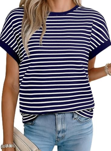 Acelitt Women’s Short Sleeve Knit Tops 2025 Trendy Crewneck Striped T Shirts Casual Summer Blouses Outfits Blue Medium | Amazon (US)