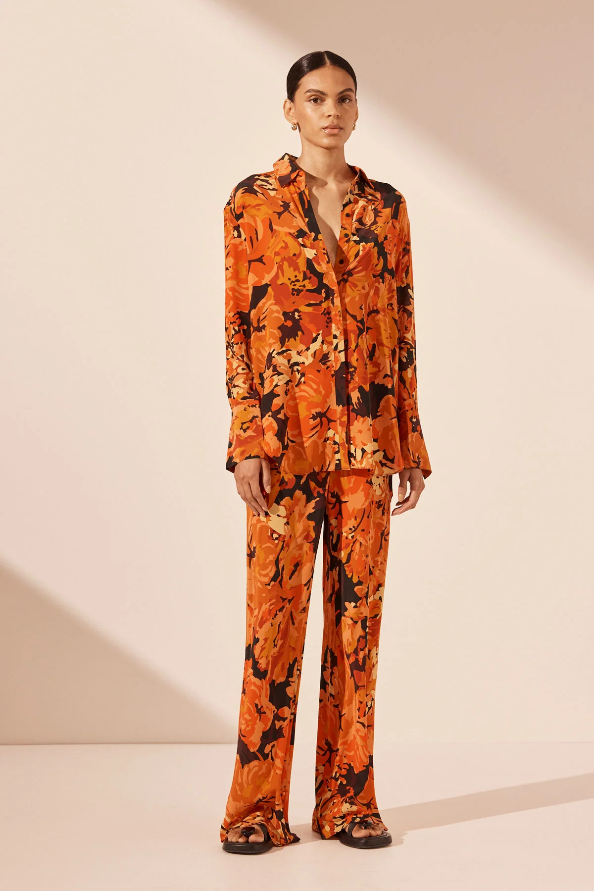 Santos Silk Relaxed Shirt | Tangerine/ Multi | Tops | Shona Joy | Shona Joy