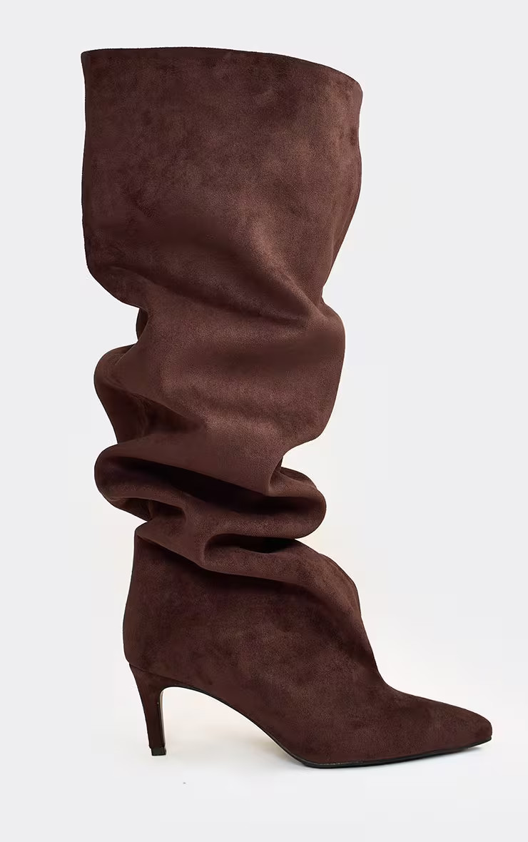 Bride Pointed Toe Knee High Kitten Heel Boot In Brown Faux Suede | EGO Shoes (US & Canada)