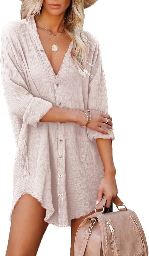 Paintcolors Women's Long Sleeve Cotton Button Down Tunic Dresses Beach Cover-ups Oversized Blouse... | Amazon (US)