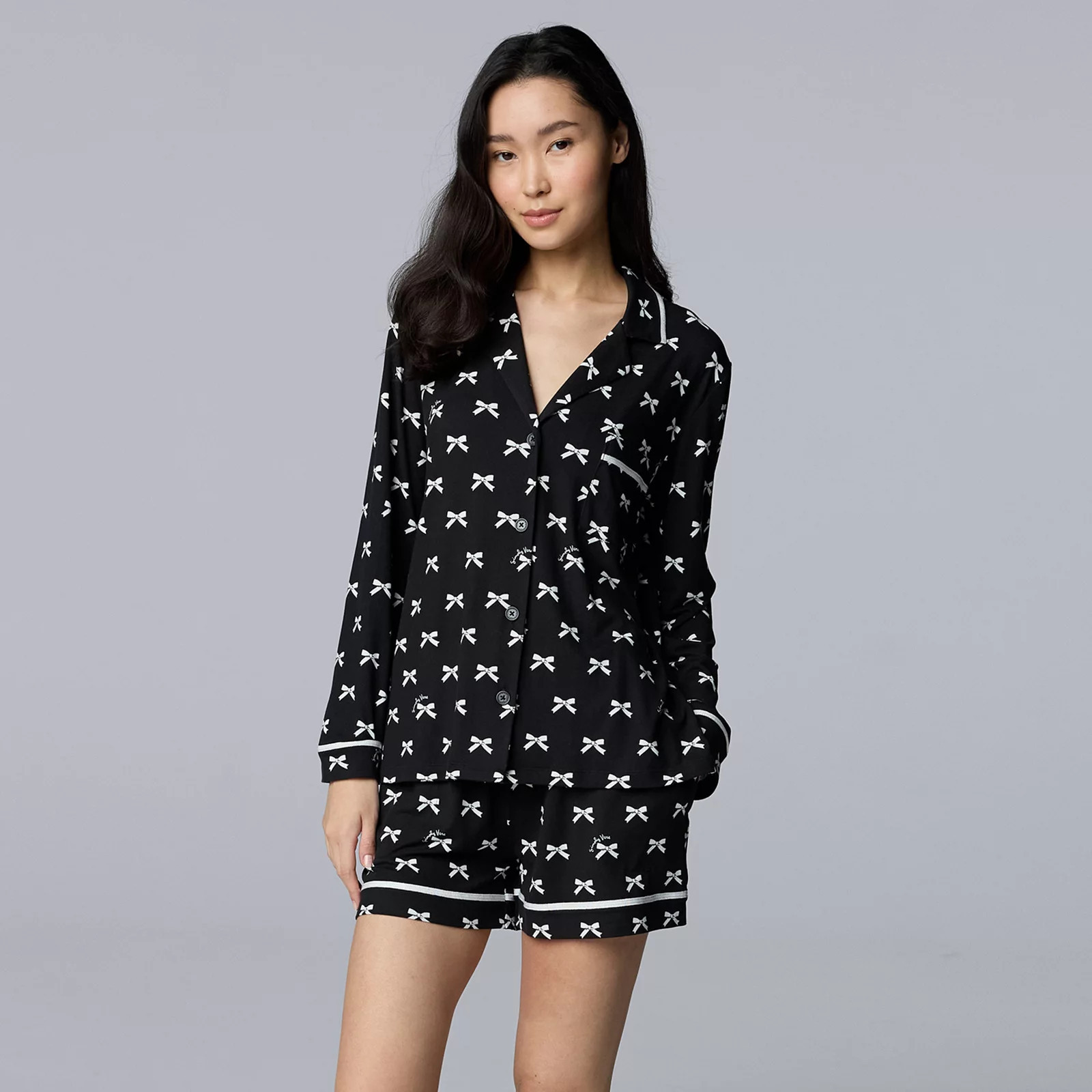 Women's Simply Vera Vera Wang Cozy Long Sleeve Notch Pajama Top & Pajama Boxer Set, Size: XXL, Black Bows | Kohl's