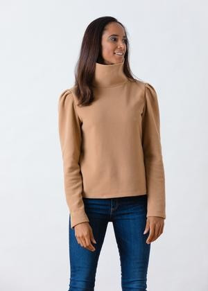Palmer Puff Sleeve Turtleneck in Vello Fleece (Camel) | Dudley Stephens
