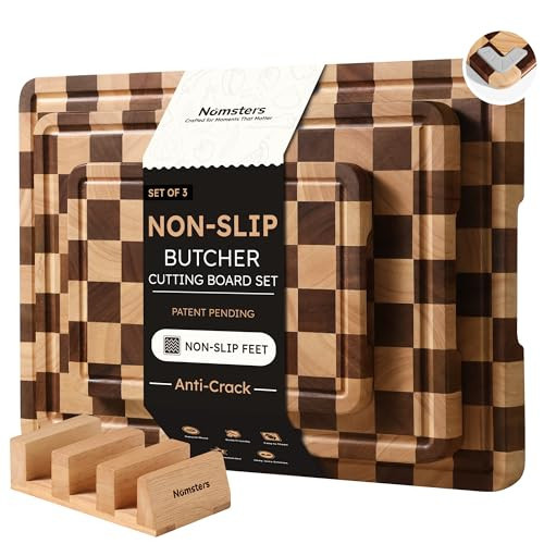 Nomsters 3 Packs Cutting Boards for Kitchen Checkered Cutting Board Acacia Wood Charcuterie Board Serving Heavy Duty Non Toxic Slip Butcher Block Wood Chopping Board with Juice Grooves Handles | Amazon (US)