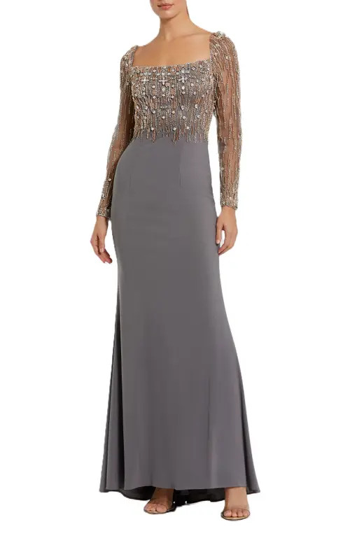 Mac Duggal Beaded Square Neck Long Sleeve Jersey Gown in Platinum Gold at Nordstrom, Size 10 | Nordstrom