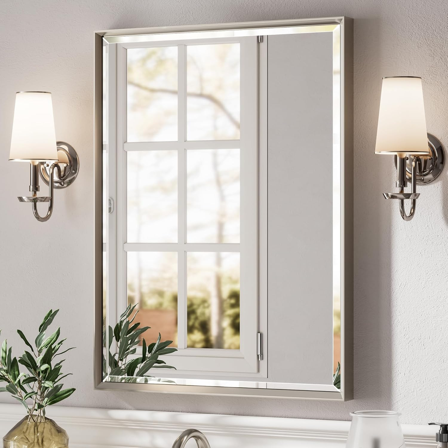 QueenFun Brushed Nickel Bathroom Mirror, 24x32 Inch Beveled Framed Bathroom Mirror Anti-Rust, Bru... | Amazon (US)