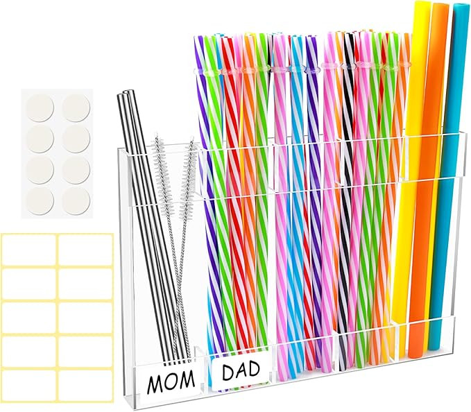 Straw Holder, Transparent Acrylic Straw Dispenser with Double Sided Adhesive Tape and Stickers, S... | Amazon (US)