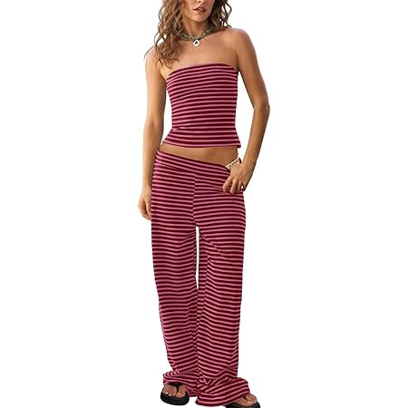 ANRABESS Women 2 Piece Sets Summer Striped Outfits Matching Tube Top Wide Leg Lounge Pants 2026 T... | Amazon (US)