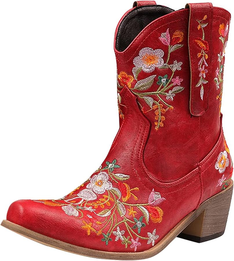 gloryinterest Cowboy Boots for Women Ankle Cowgirl Boots Western Flower Embroidered Square Toe Ch... | Amazon (US)