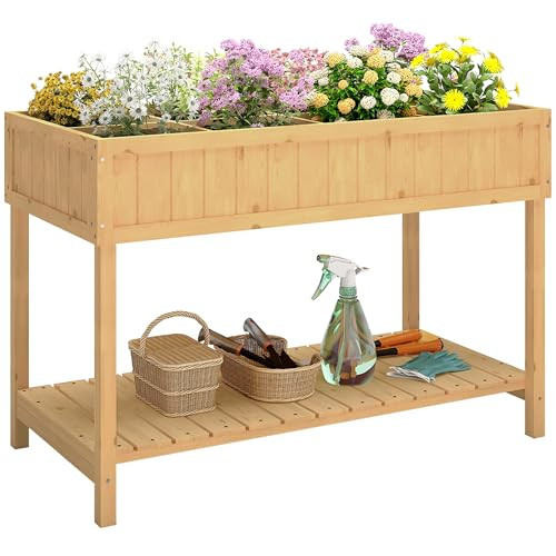 Outsunny 43x18x30in Raised Garden Bed with 8 Pockets and Shelf, Wooden Elevated Planter Box with Legs to Grow Herbs, Vegetables, and Flowers, Natural | Amazon (US)