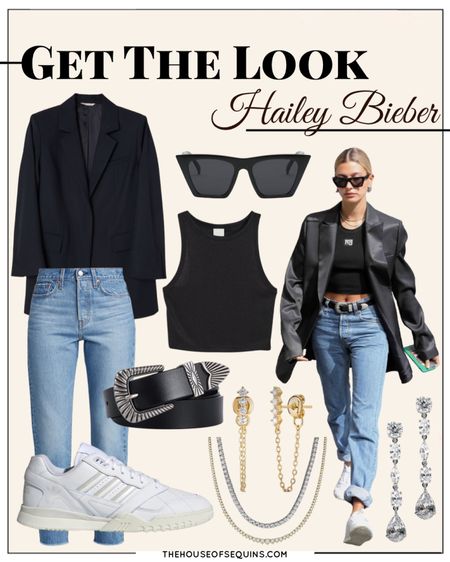 Shop this look! Hailey Bieber inspired casual outfit: oversized blazer, adidas, cropped tank & Celine sunglasses look for less! 

#LTKunder50 #LTKstyletip #LTKSeasonal